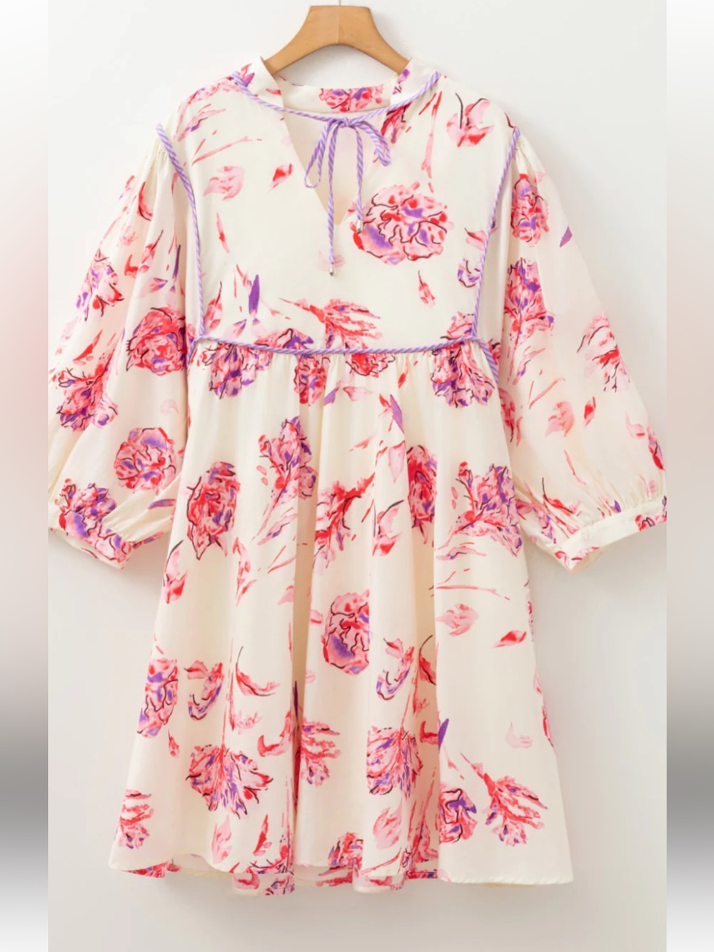 Cream Floral Babydoll Tunic with Pink & Purple Roses